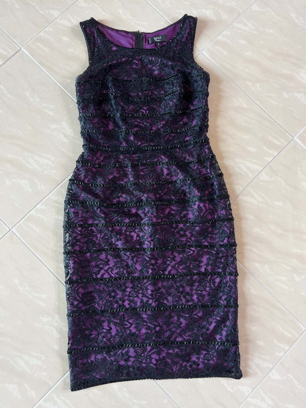 #2990 Tadashi Collection Dress Size 8 Purple Black Lace Sheath Cocktail Party